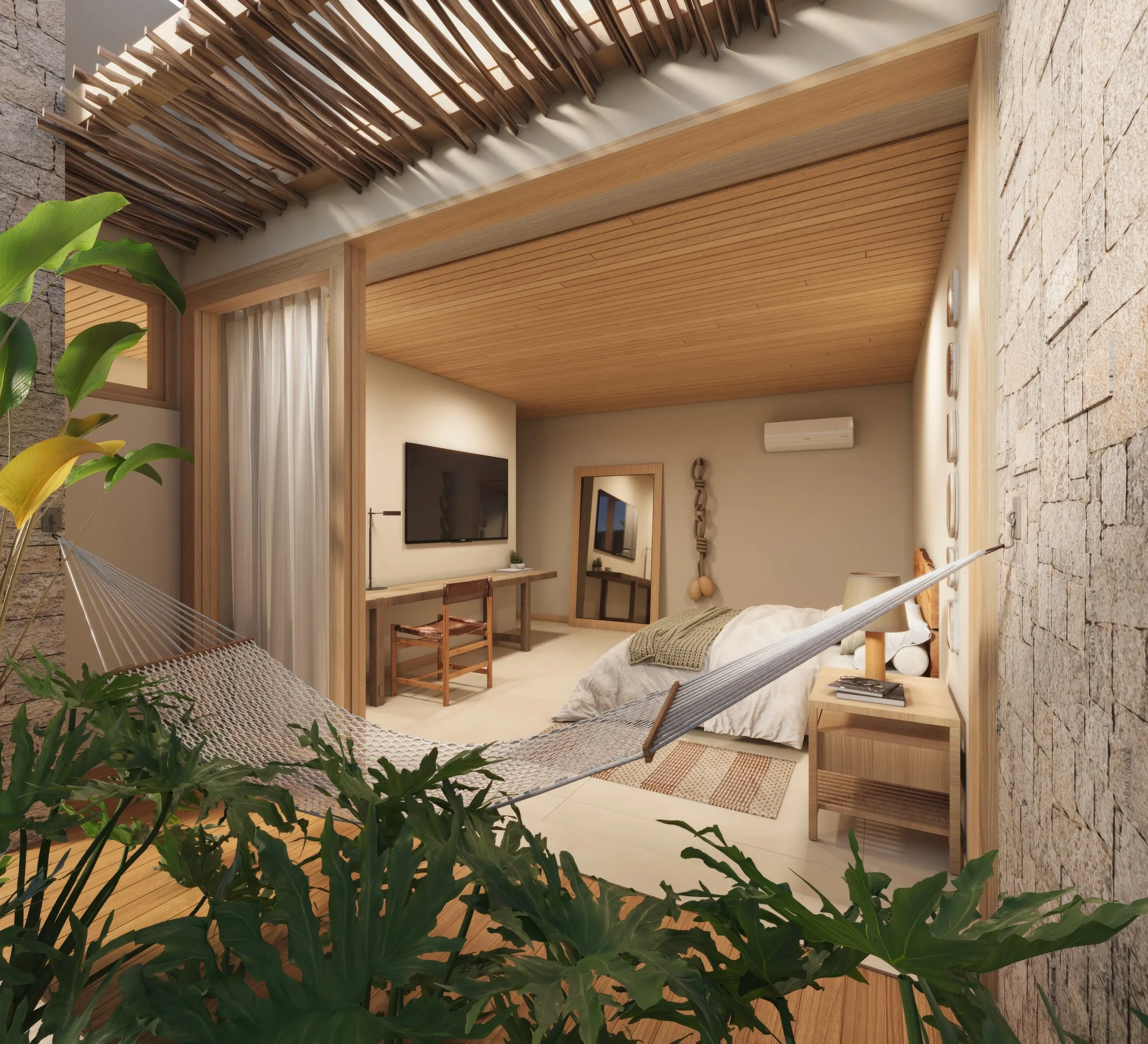 Quarto aberto para o jardim